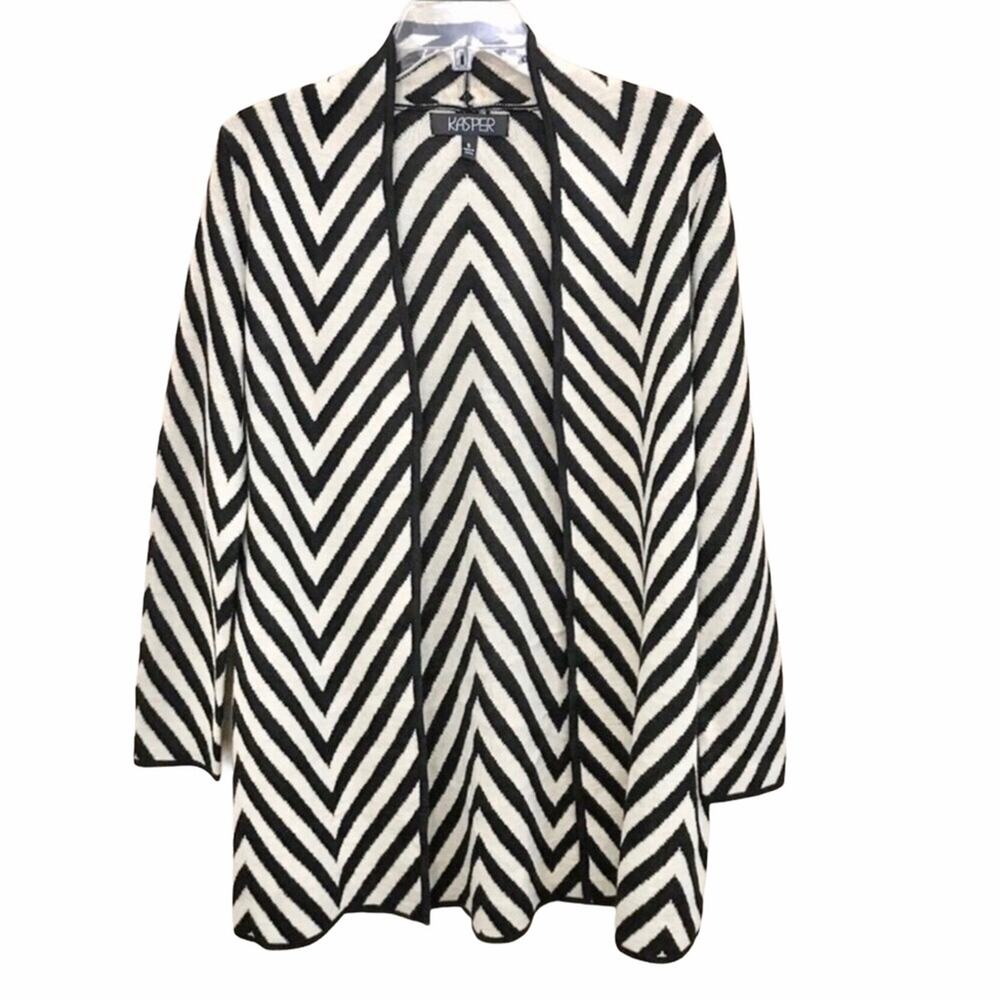 Kasper Open Cardigan Black & Cream Striped Wool Blend Size Small
